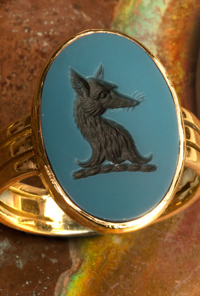 Blue Sardonyx Signet Ring Seal Engraved With Fox Head