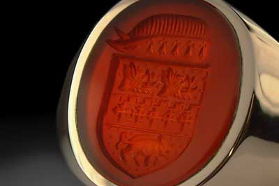 Cornilian Gemstone Signet Ring Seal Engraved With Heraldic Shield & Cap-of-Maintenance Crest