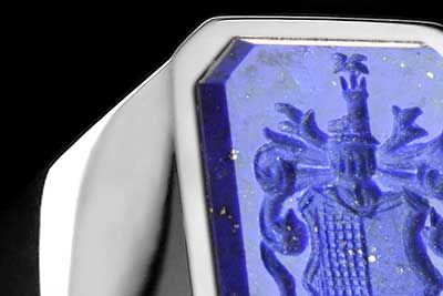 Lapis Lazuli Gemstone & Gold Signet Ring Seal Engraved with an Heraldic Coat of Arms