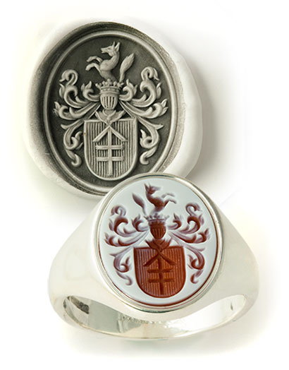 Red Sardonyx White Gold Signet Ring Engraved with Coat-of-Arms