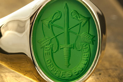 United States Army Special Forces insignia engraved green-agate military ring