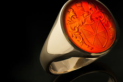 Carnelian Gemstone & Gold Signet Ring Seal Engraved with an Heraldic Coat of Arms