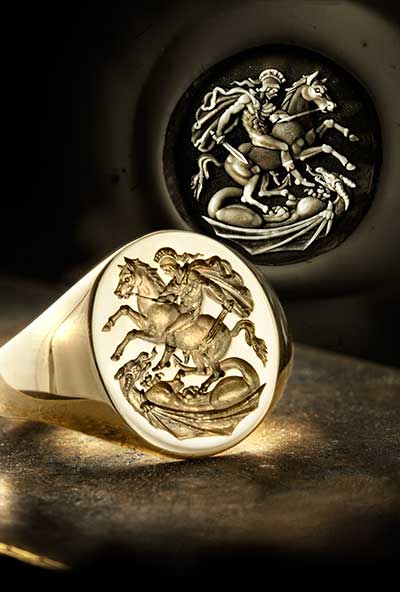 St. George Slaying Dragon Ring - Replica of the 18c Greek Style original by Benedetto Pistrucci