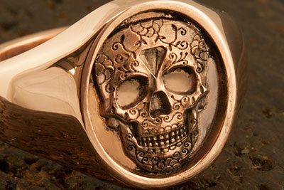 Day of the Dead Festival Mexican Skull Red Gold Signet Ring