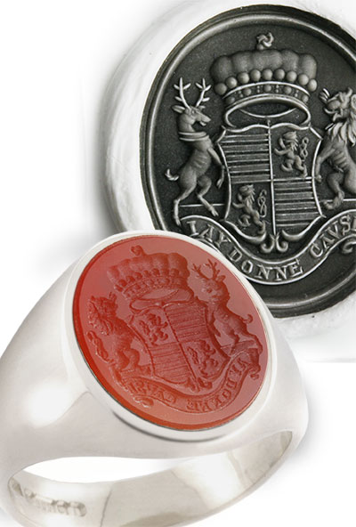 Cornelian Gemstone Gold Signet Ring Seal Engraved with Heraldic Coat of Arms