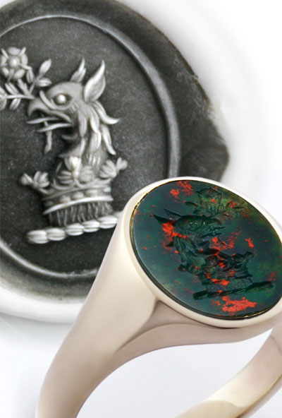 Griffin Heraldic Crest Bloodstone Gemstone Seal Engraved Signet Ring
