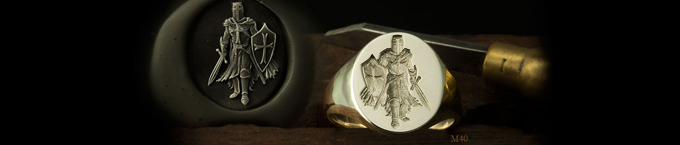 Knight Templar With Sword & Shield (M40) Signet Ring Seal Engraved in White Gold