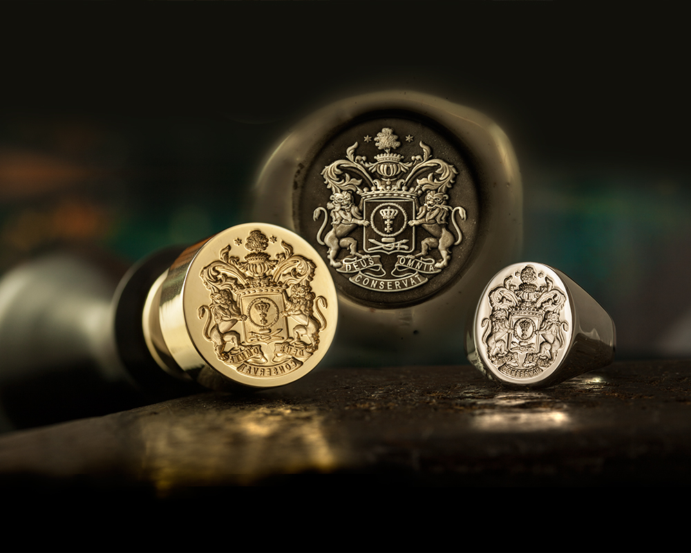 Desk Seal & Signet Ring Engraved with Ornate Heraldic Coat of Arms