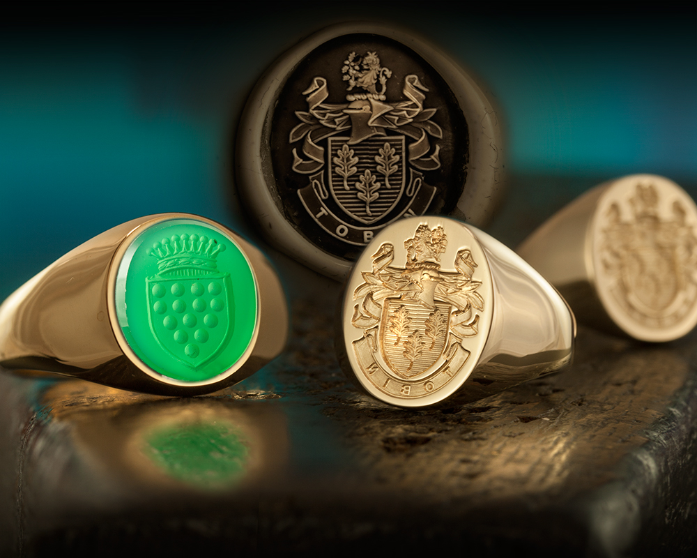 Not Just Signet Rings: Gold, Engraved with Heraldic Arms & Green Agate Stone, Engraved with Shield with Coronet