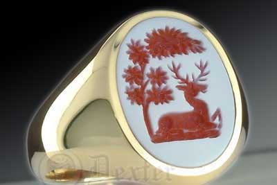 Red Over White Sardonyx Stone Ring Seal Engraved With Stag Crest