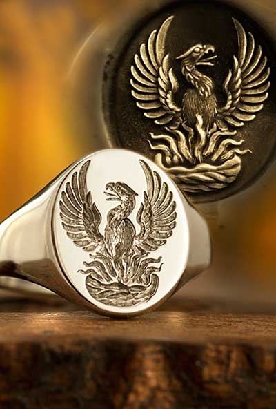 Phoenix Engraved out of flaming nest signet ring