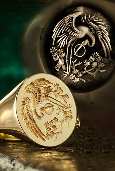 Chinese Crane Signet Ring Engraved from an Ancient Design - Next for More