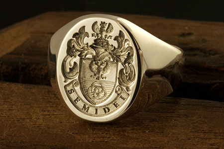 Tudor Style Arms Oval 9ct White Gold Signet Ring