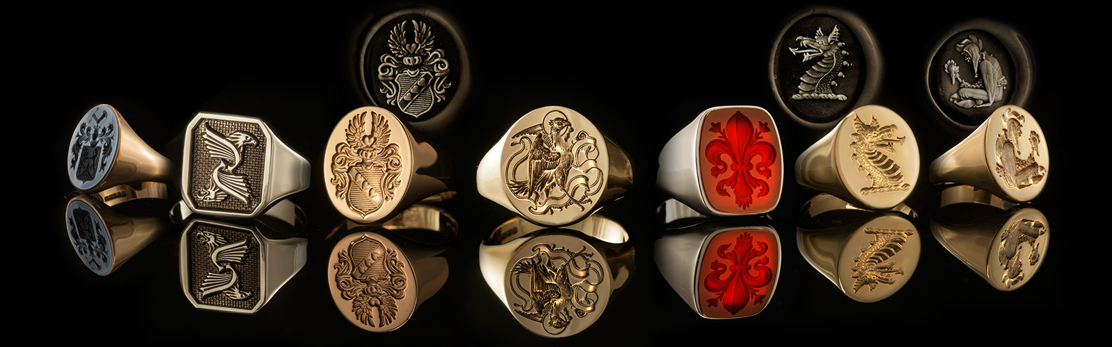 Signet rings in gold and gemstone, deep hand-engraved by Dexter Rings